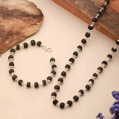 Silver Plated Karungali Mala + Karungali Bracelet Combo